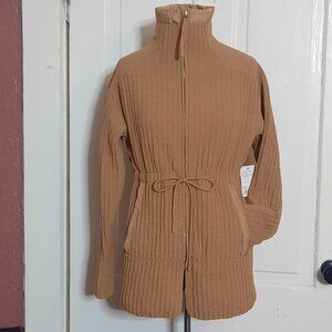 FLX Long Chenille Cinched Sweater Jacket, Urban Commutter Tan Full Zip, NWT, S